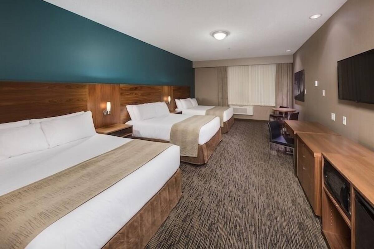 A hotel room with two beds, a desk, a chair, and a television.