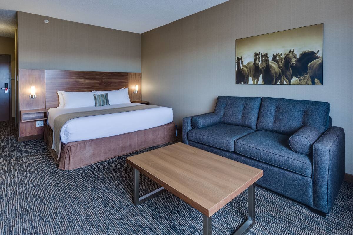 A hotel room with a bed, a sofa, a coffee table, and a painting of horses on the wall.
