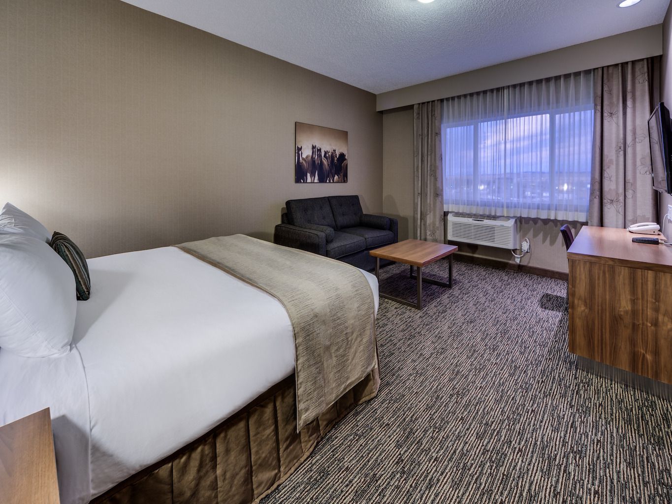 A hotel room with a bed, a sofa, a small table, a desk, and a window with curtains.