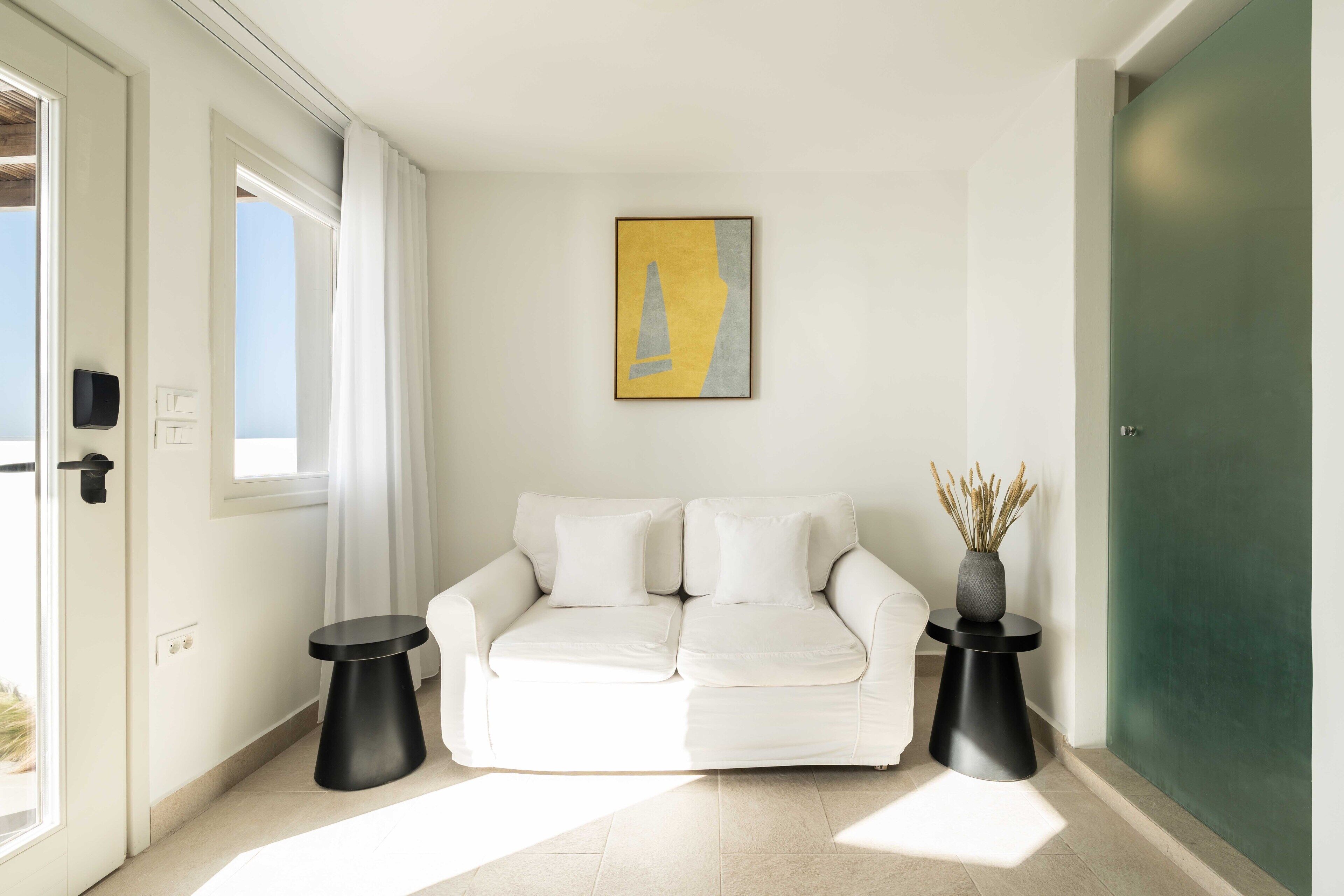 premium room caldera view with outdoor mini plunge pool double | living area | lcd tv