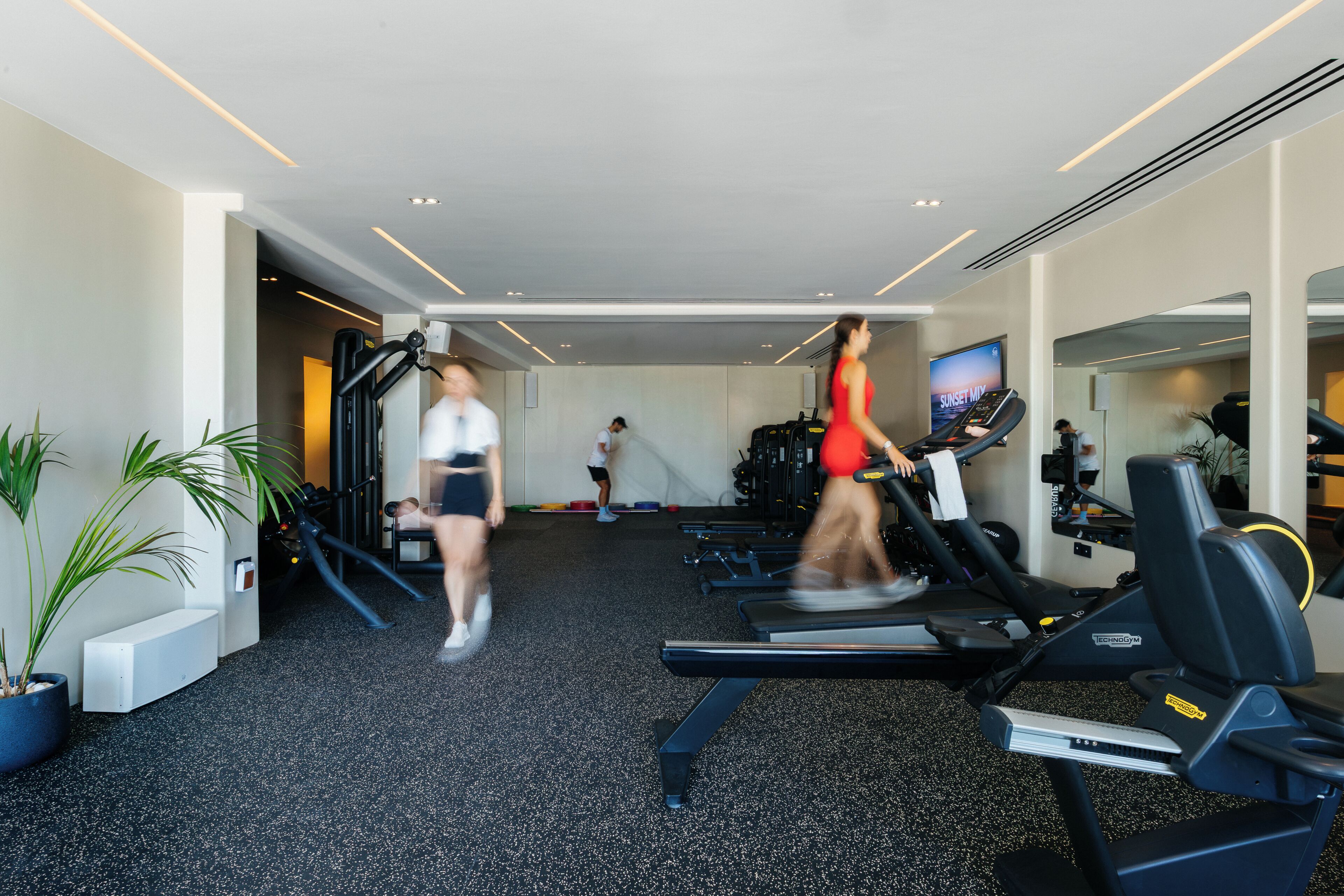 A gym with treadmills, stationary bikes, and weight machines.