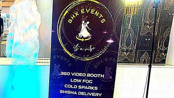A promotional banner for BHX Events with contact information and services like 360 video booth, low fog, cold sparks, and shisha delivery.