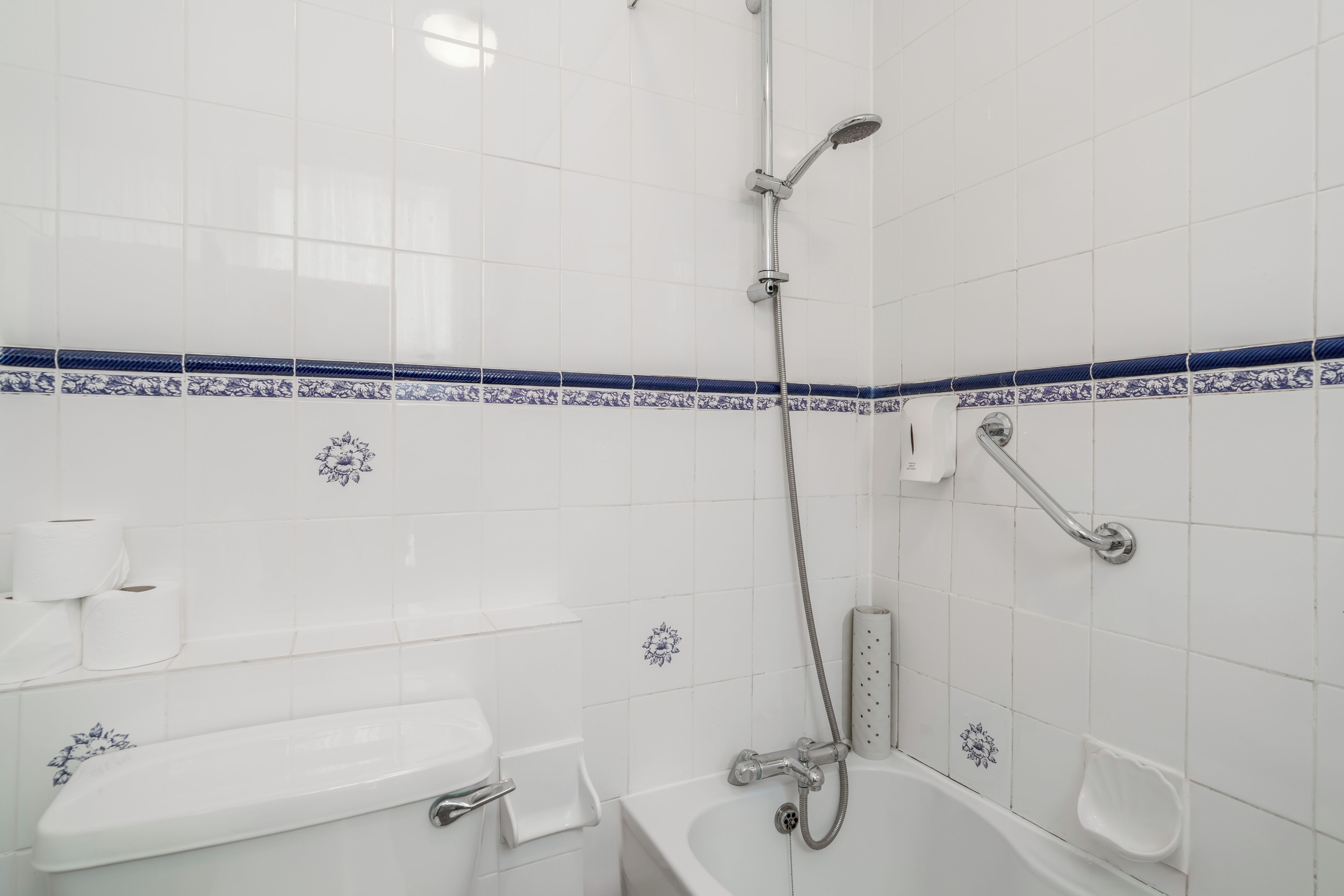 A bathroom with a bathtub, a shower, and a toilet.