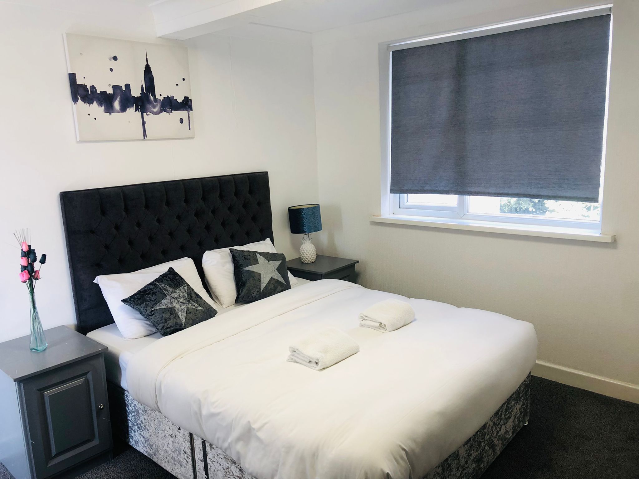 Desk, bed sheets