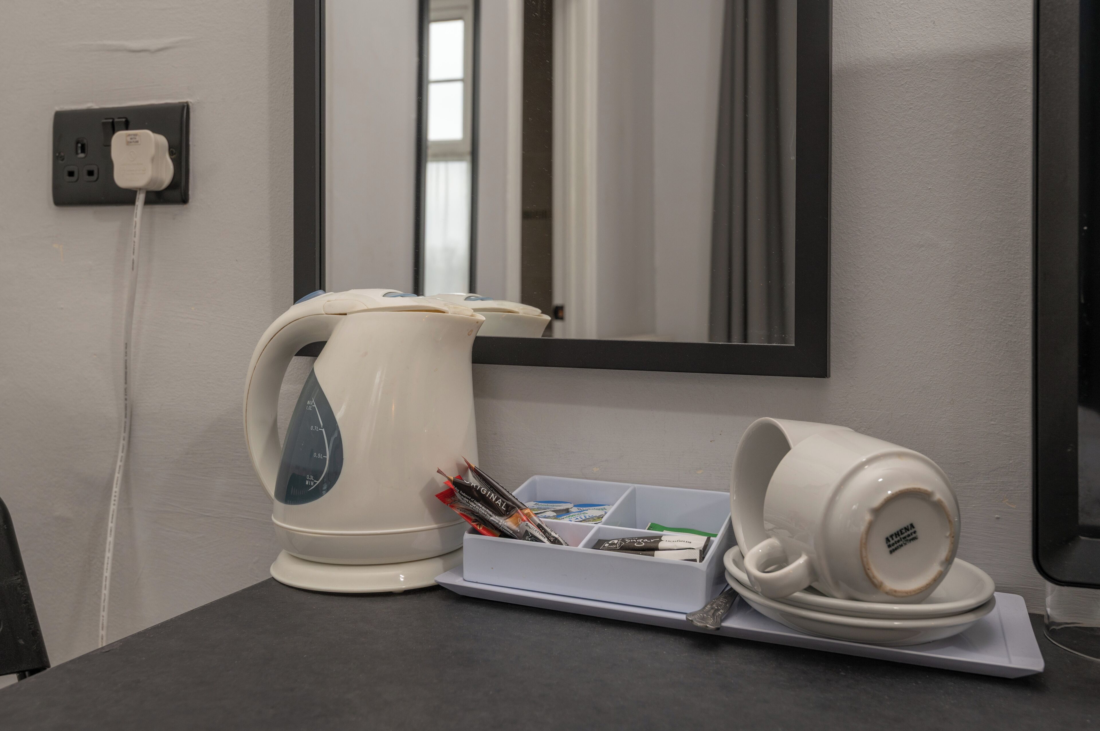 premium bedding, select comfort beds, desk, blackout curtains