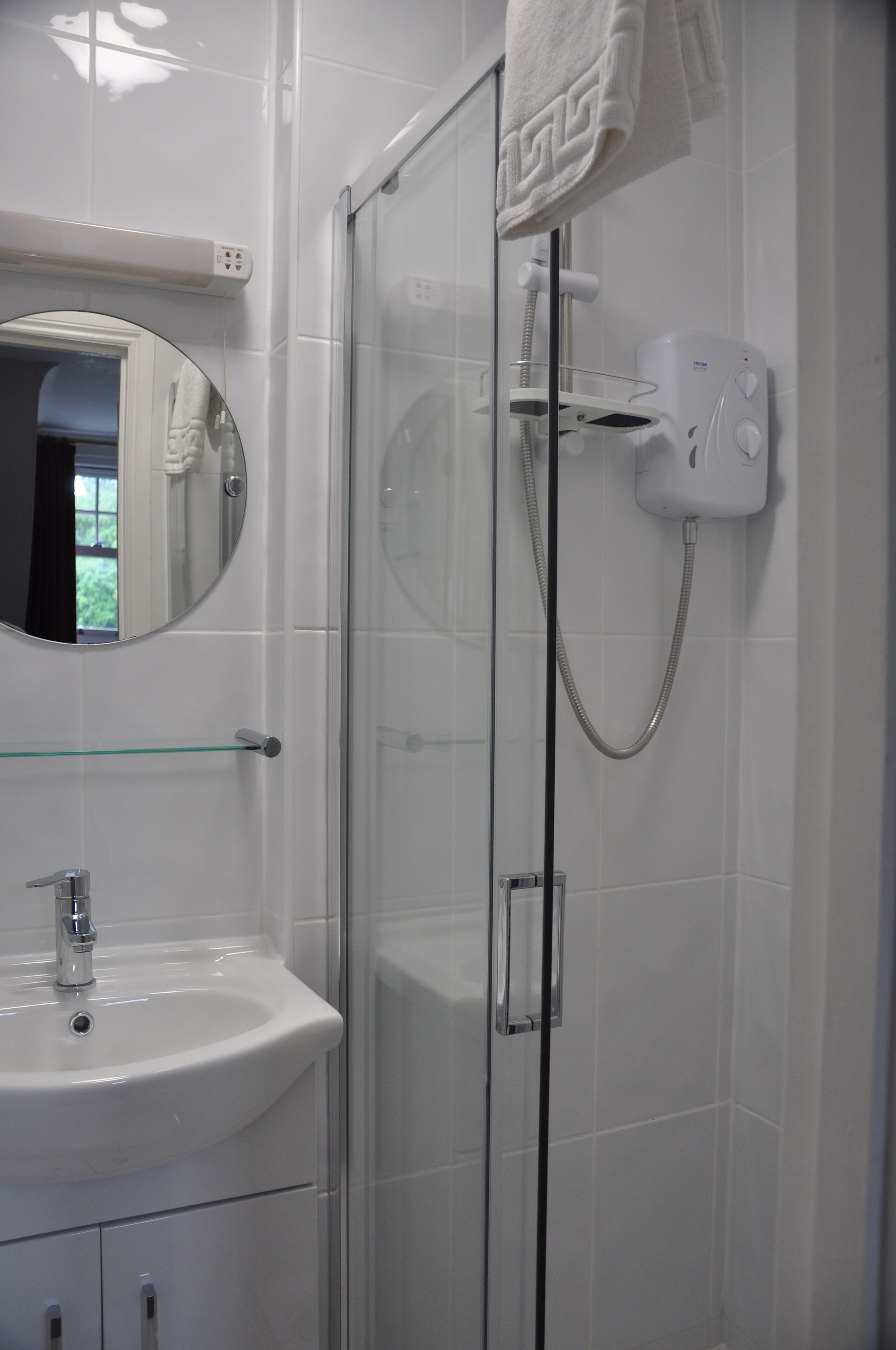 A bathroom with a glass shower enclosure, a white sink, and a mirror.