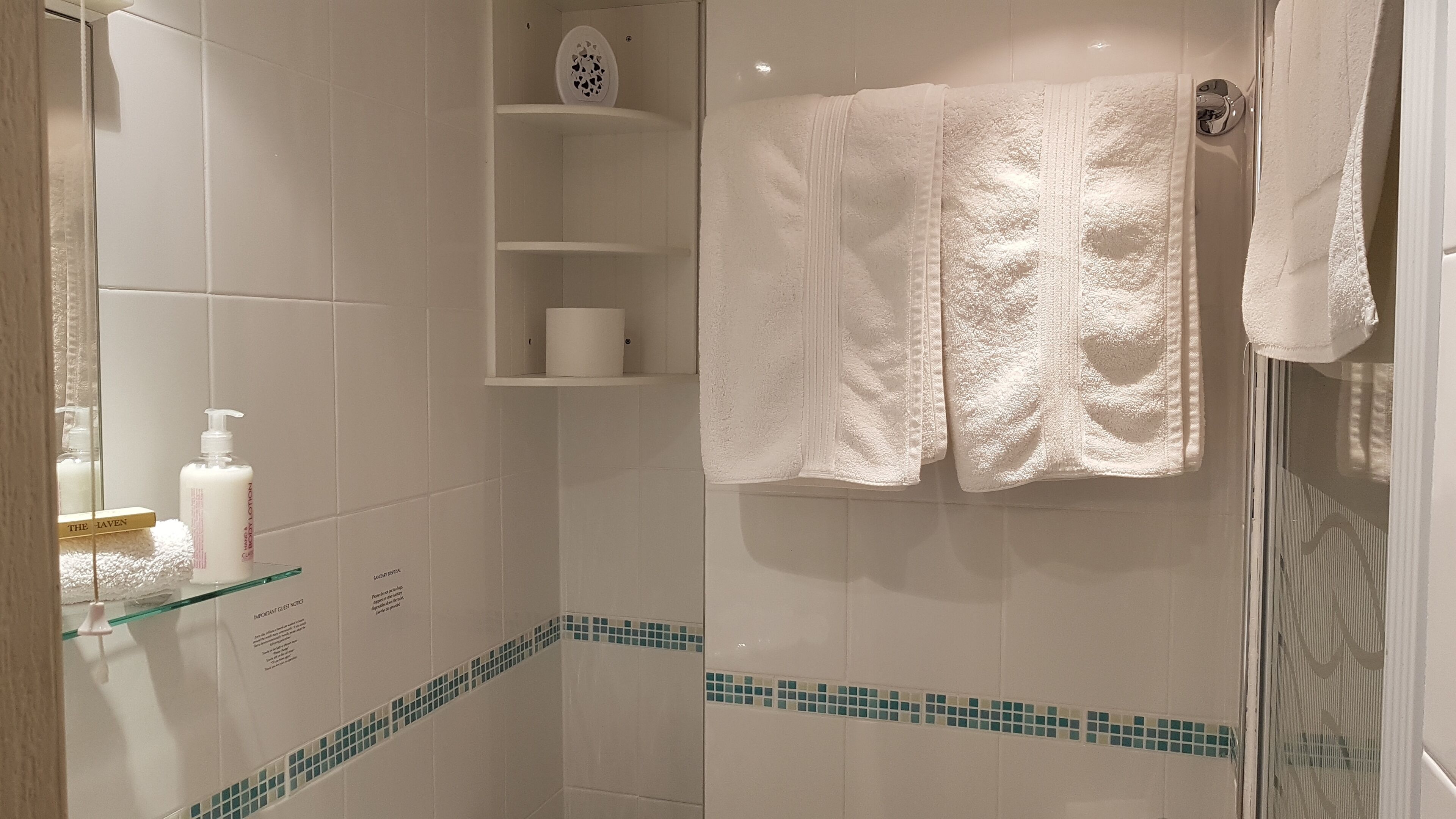 A bathroom with white tiles, a glass shower enclosure, a towel rack, and a shelf with toiletries.