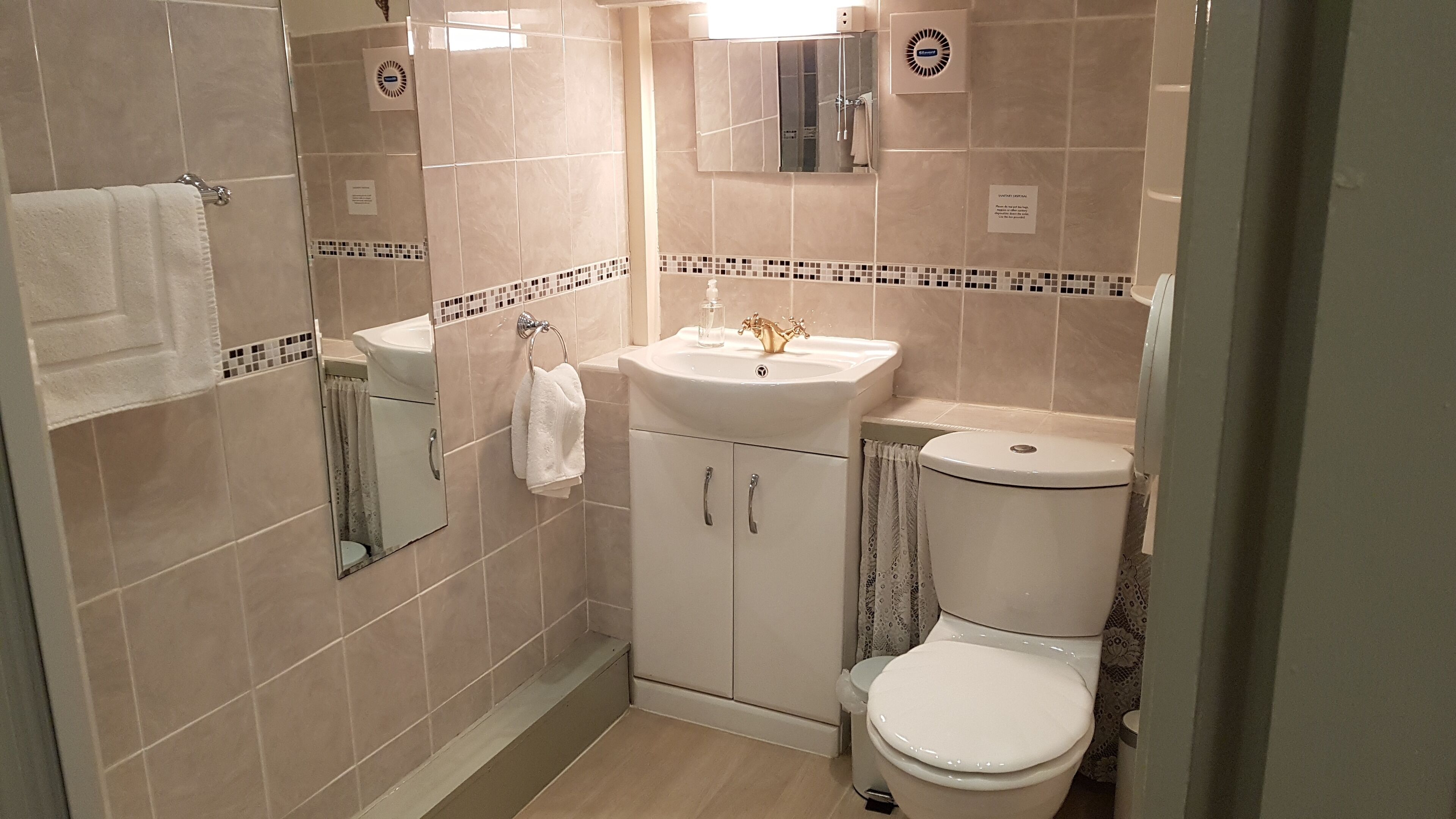 Un baño con lavamanos, espejo, inodoro y ducha.
