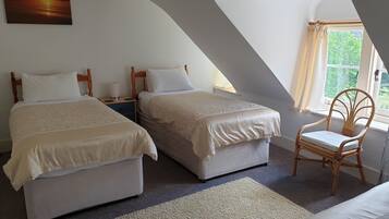 Une chambre avec deux lits, une chaise, une table de chevet et un tableau au mur.