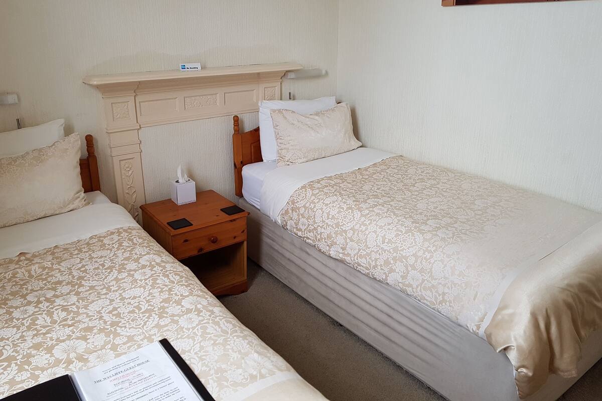 Een hotelkamer met twee enkele bedden, een houten nachtkastje, een bijzettafeltje en een hoofdbord.