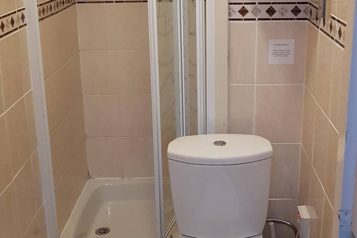 Een badkamer met een douchecabine, toilet en een klein plankje met toiletartikelen.