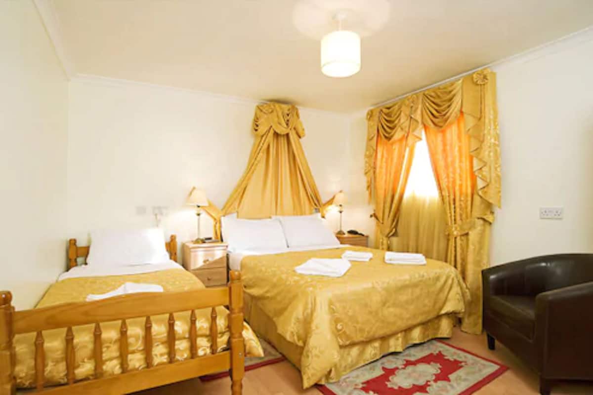 A hotel room with two beds, a wooden headboard, a red and white rug, and a leather armchair.