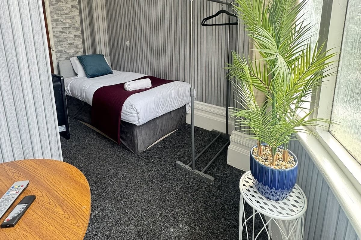 A hotel room with a bed, a small table, a hanging light fixture, and a potted plant.