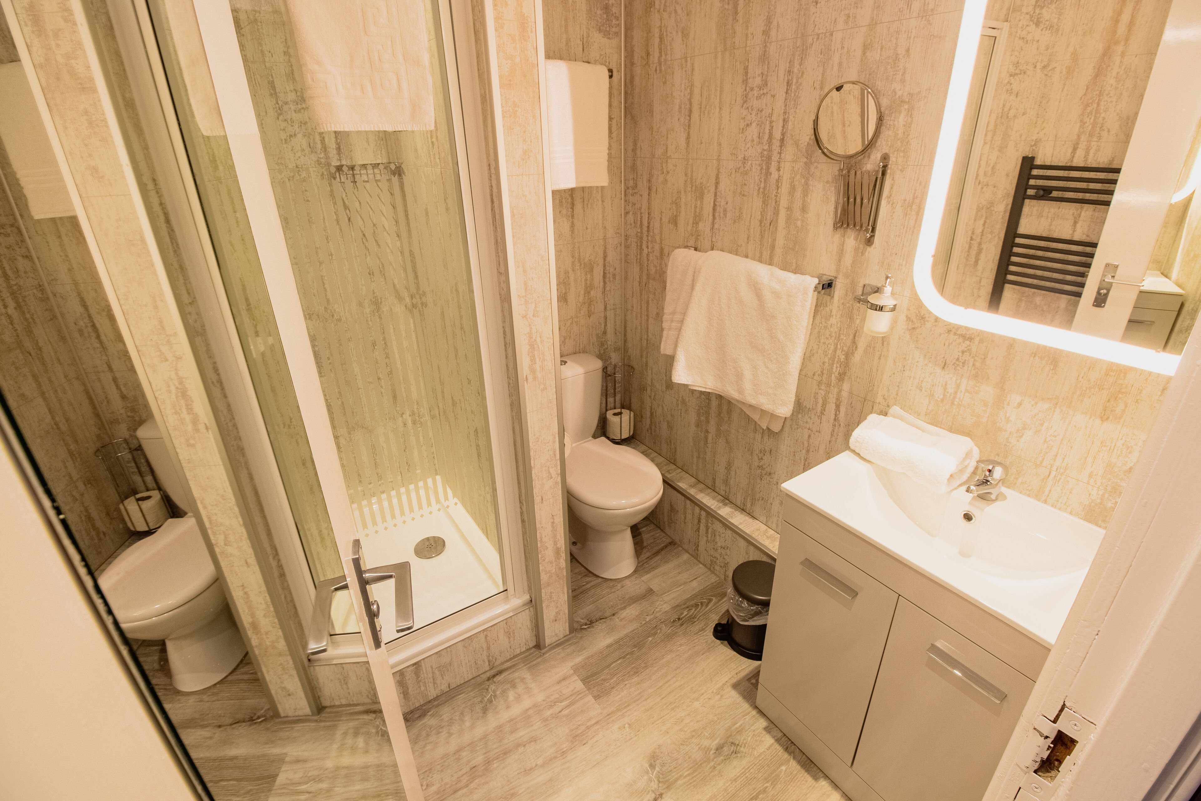 shower, free toiletries, hair dryer, towels