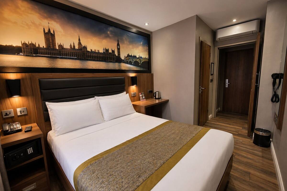 A hotel room with a large bed, a nightstand with a telephone, a painting of a cityscape, and a door leading to a bathroom.