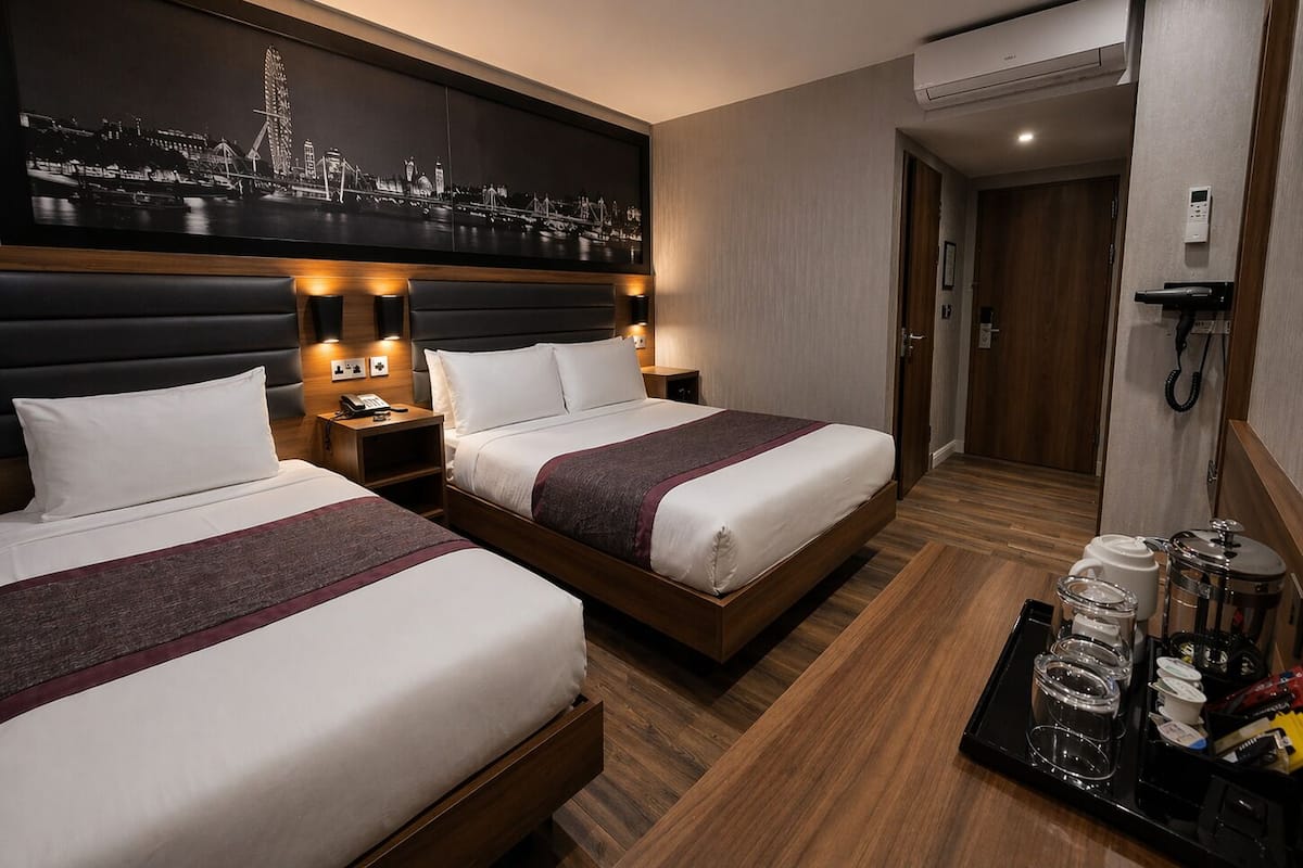 A hotel room with two beds, a nightstand with a phone, a wall-mounted air conditioner, and a tray with toiletries.