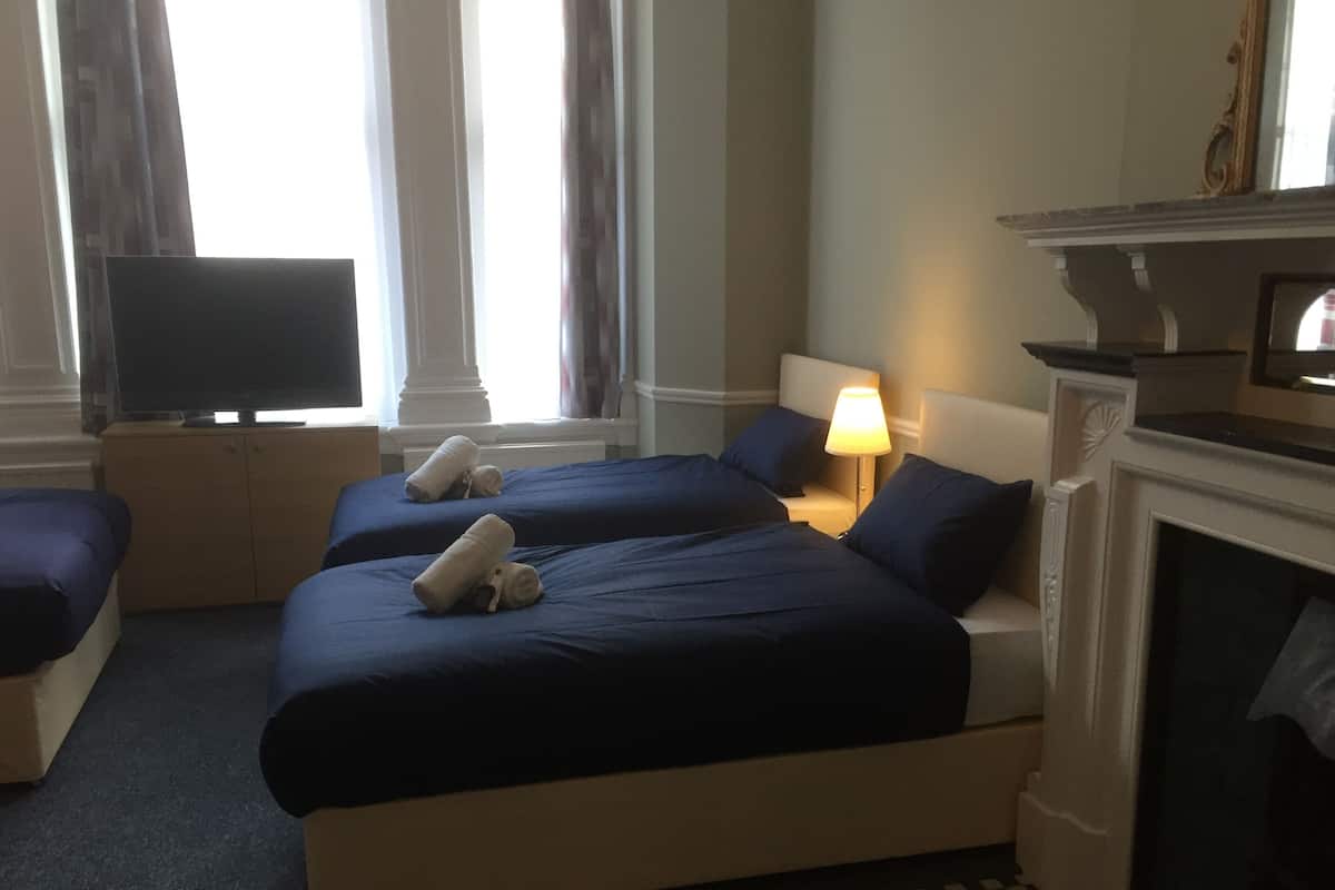 Une chambre d’hôtel avec deux lits, une télévision, une lampe et une cheminée.