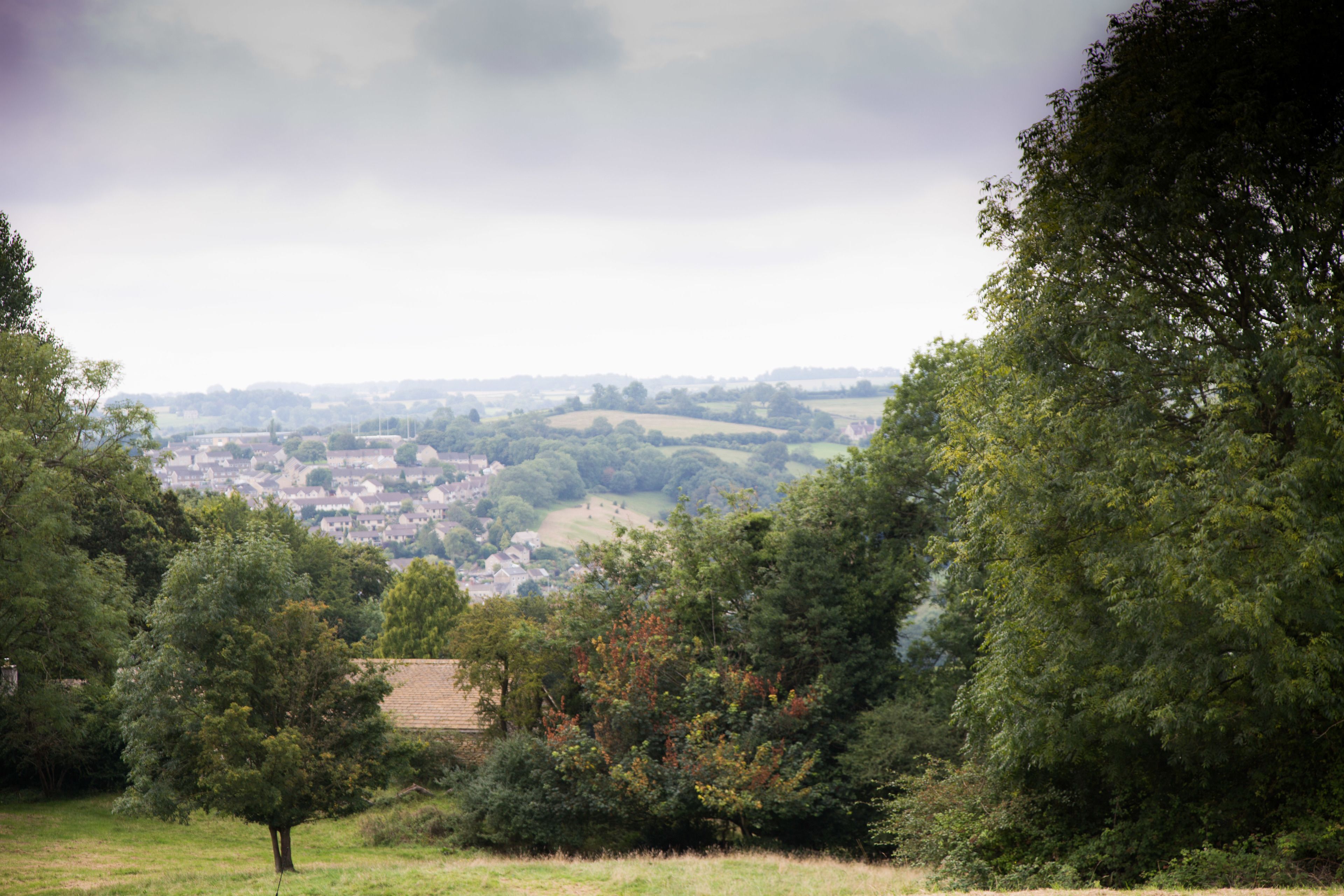 A rural landscape with a view of a small village in the distance, surrounded by trees and open fields.