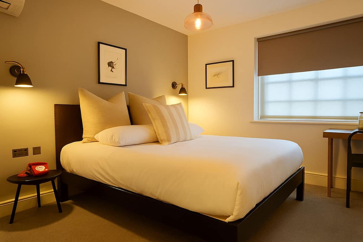 A neatly made bed with a headboard, a bedside table with a lamp, and framed artwork on the walls.