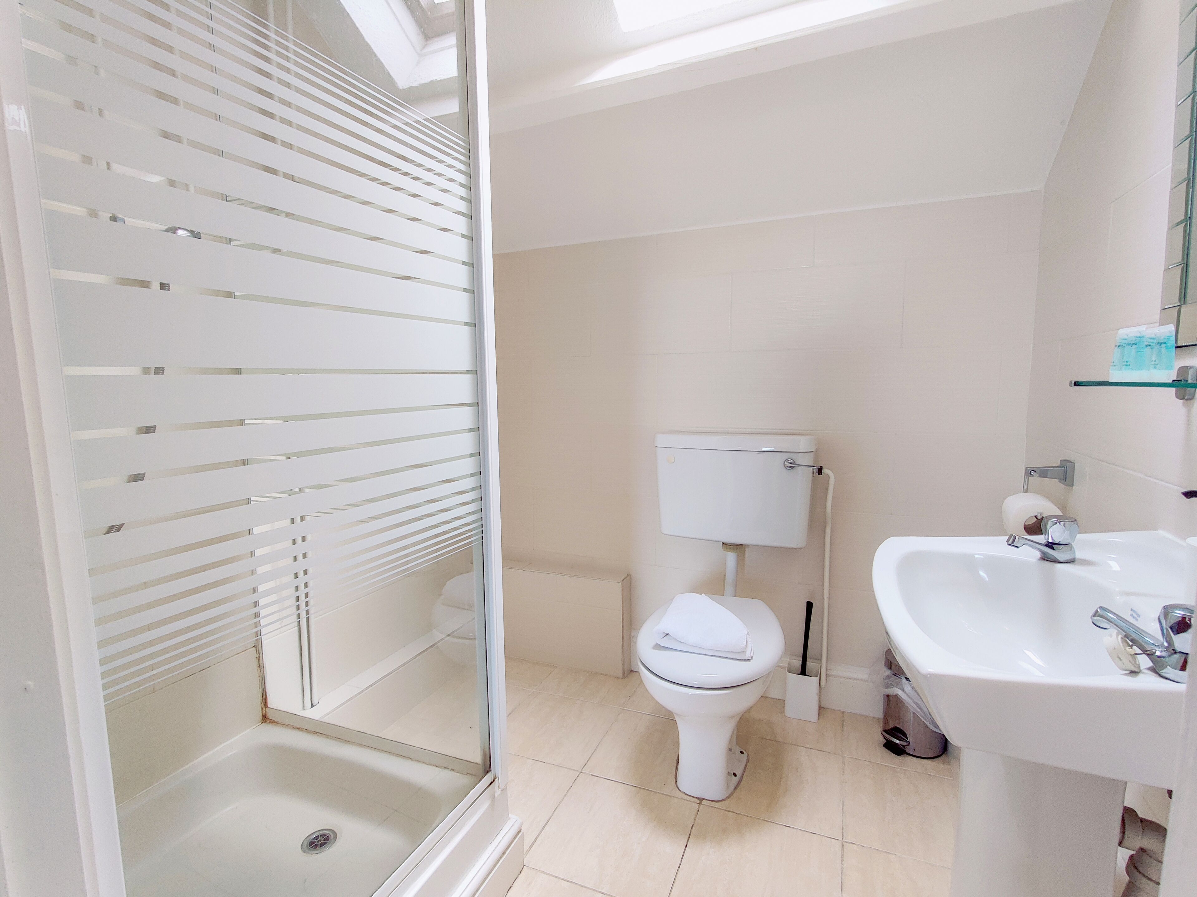 A modern bathroom with a glass shower enclosure, a toilet, and a sink.