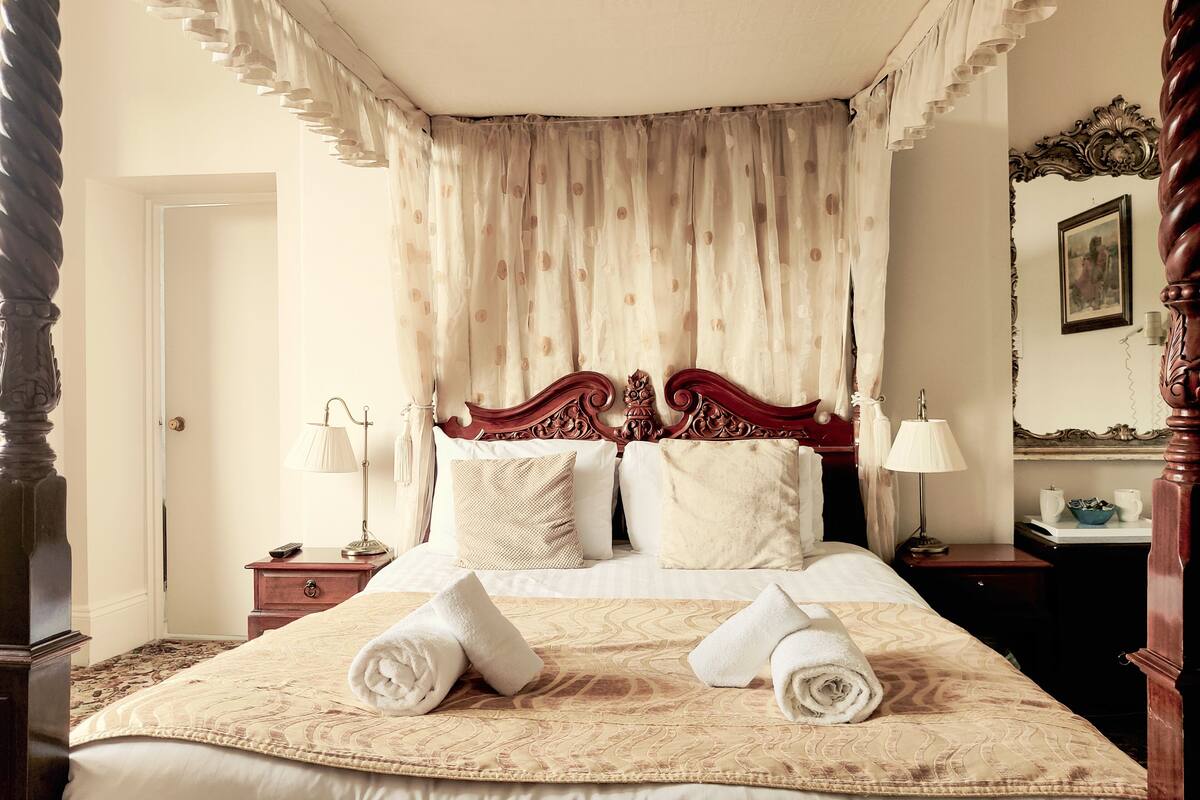 Un dormitorio con cama con dosel, dosel y un espejo grande.