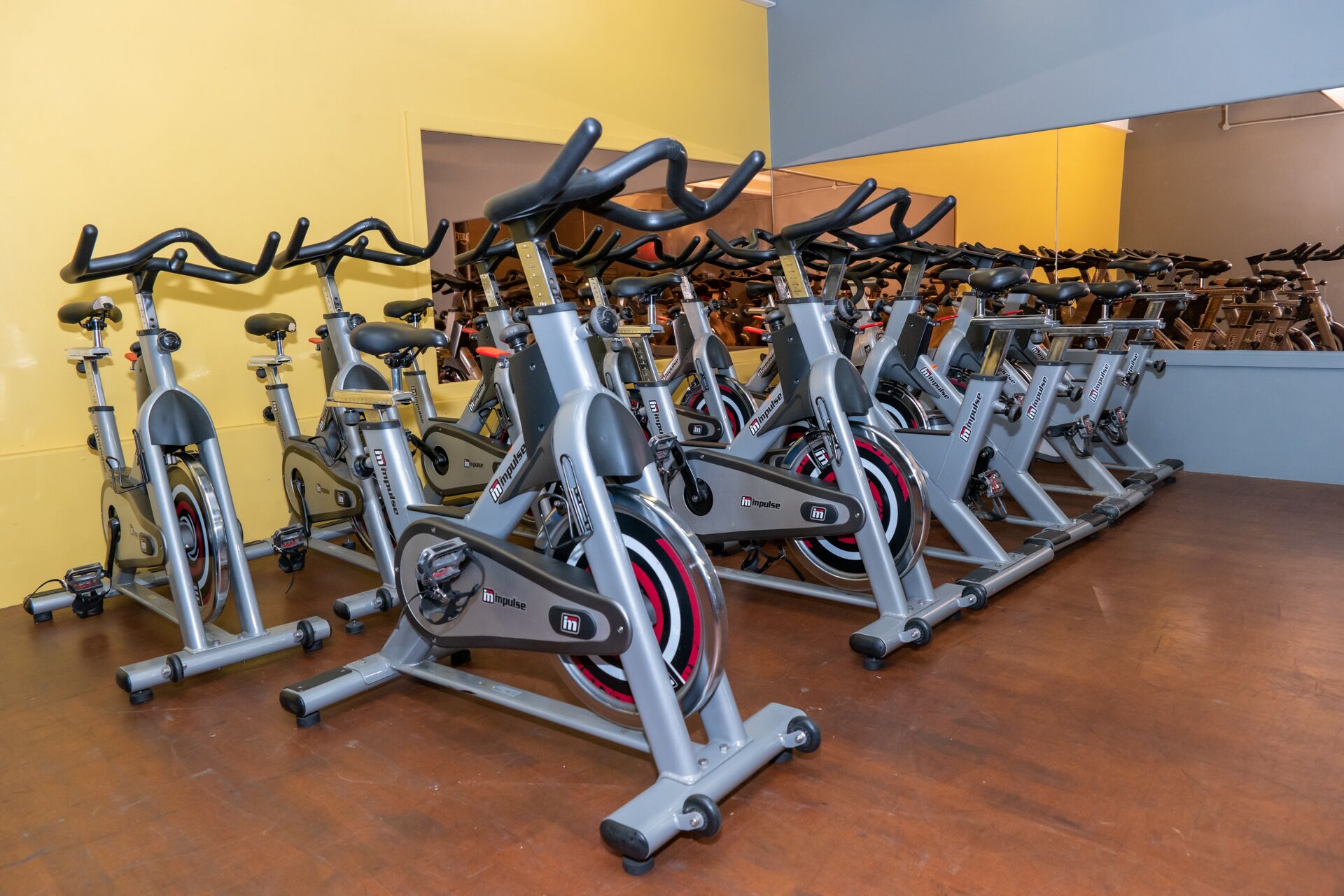 A row of stationary bikes in a gym with a yellow wall and a blue wall in the background.