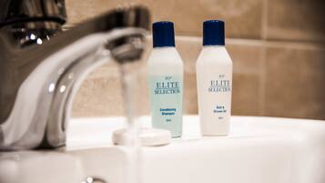 Shower, free toiletries, hair dryer, towels