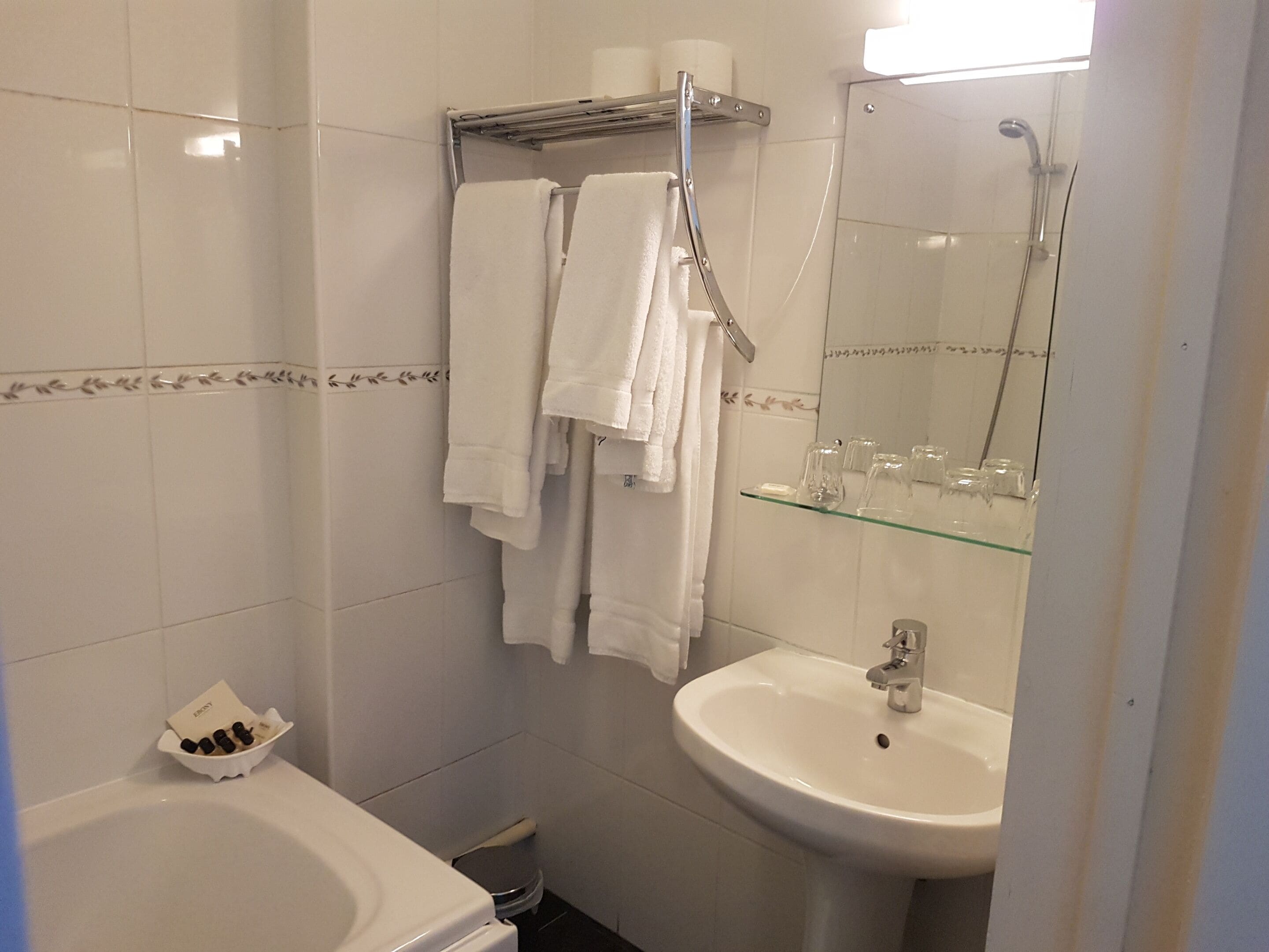 separate bathtub and shower, free toiletries, hair dryer, towels