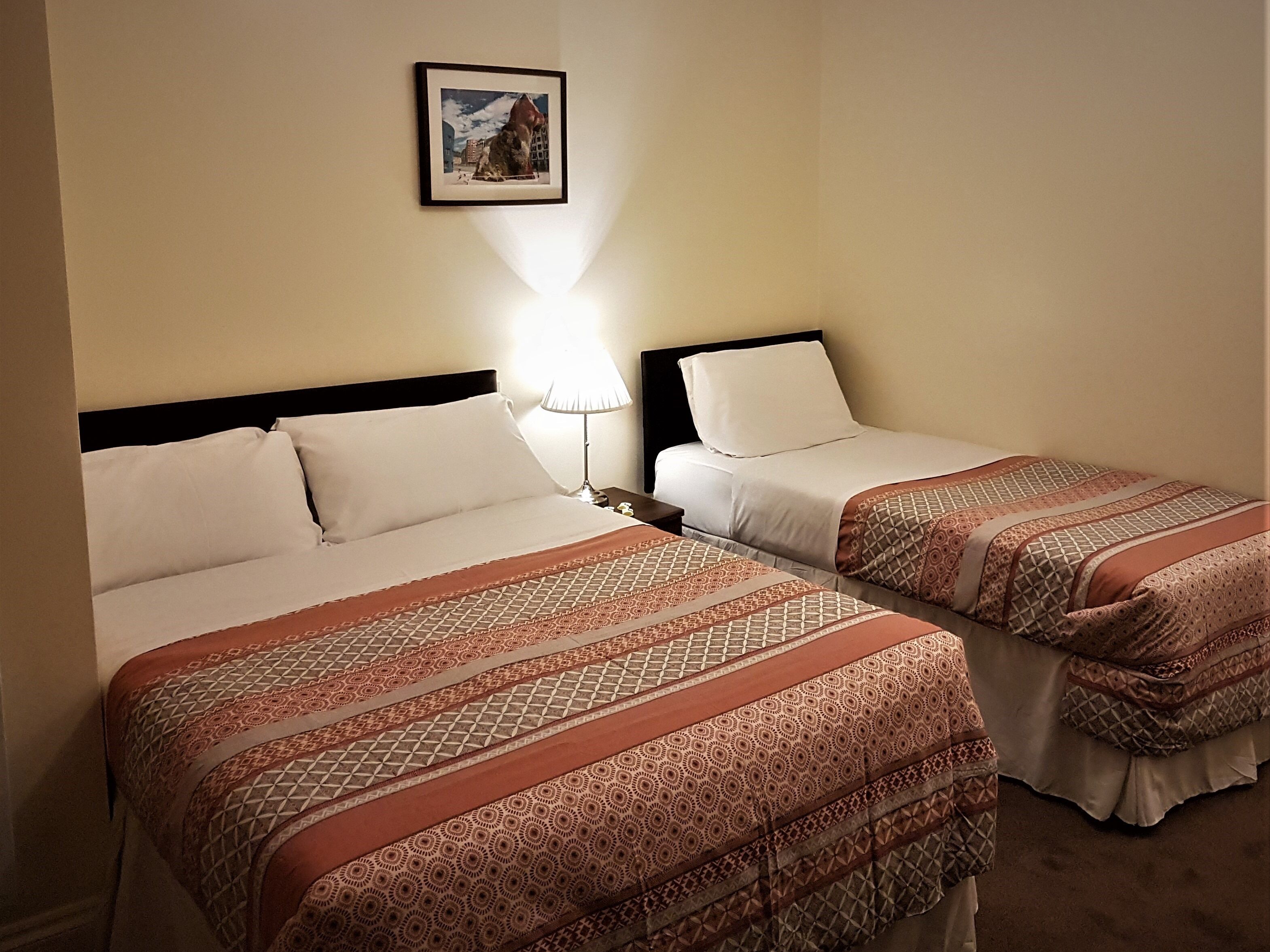 Deux lits simples avec des couvre-lits à motifs, une table de chevet avec une lampe et un tableau encadré au mur.