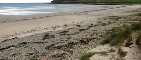 A beach with pebbles and sand, a grassy area, and a cliff in the background.
