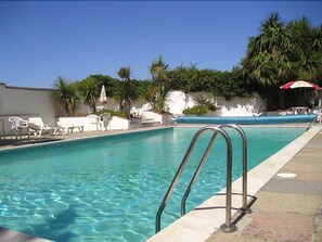 Seasonal outdoor pool, sun loungers