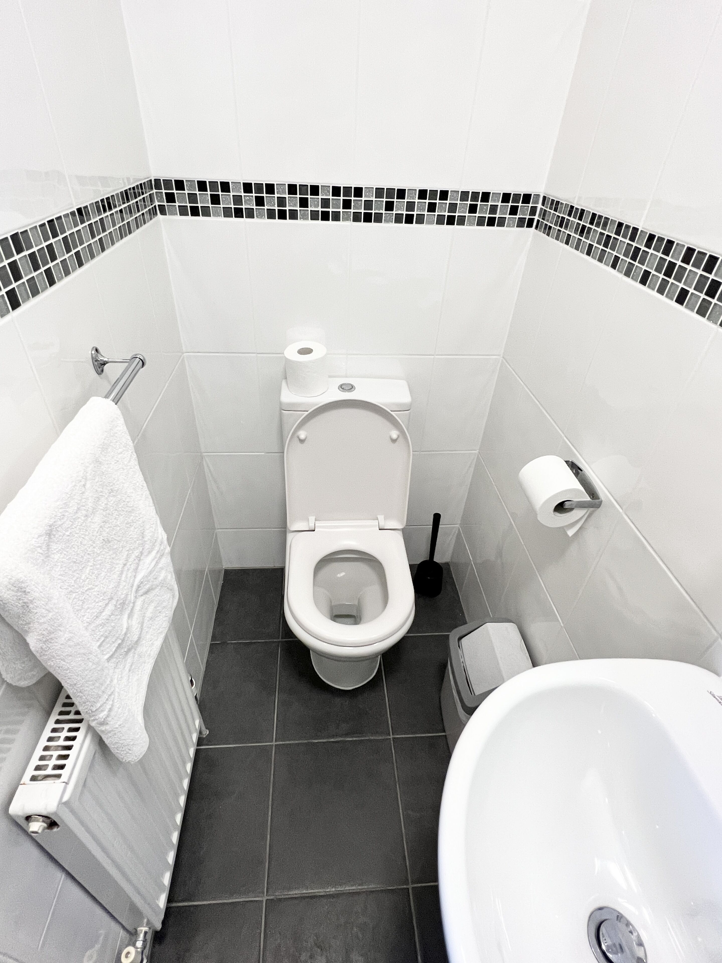 A small, modern bathroom with a toilet, a towel rack, a toilet paper holder, and a sink.