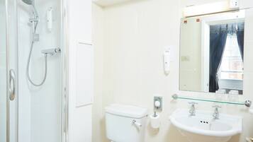 A bathroom with a glass shower enclosure, a toilet, a sink, and a mirror.