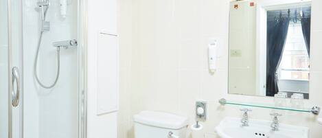A bathroom with a glass shower enclosure, a toilet, a sink, and a mirror.