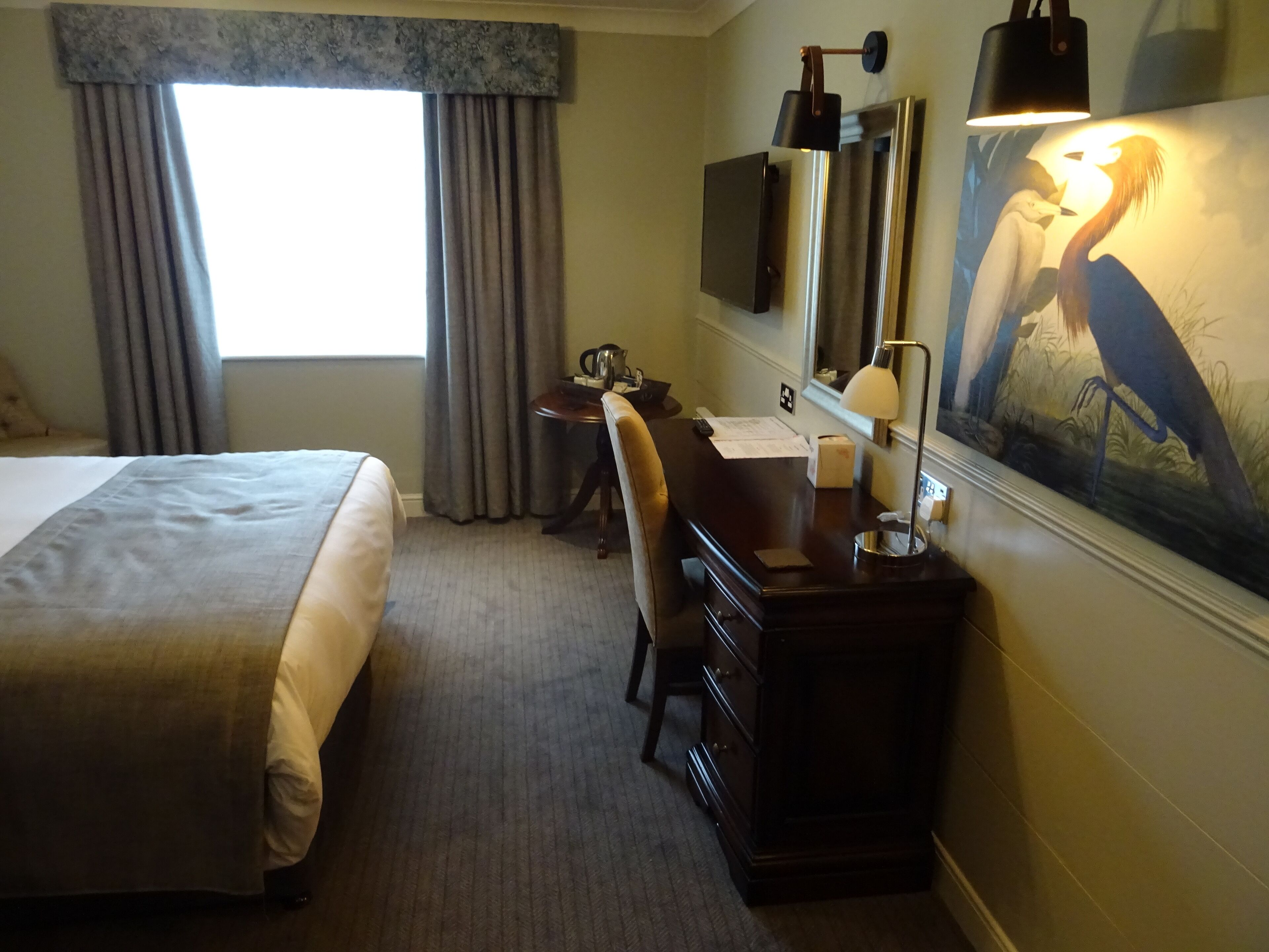 Habitación de hotel con cama, escritorio, silla, cómoda, un cuadro, televisor y ventana con cortinas.