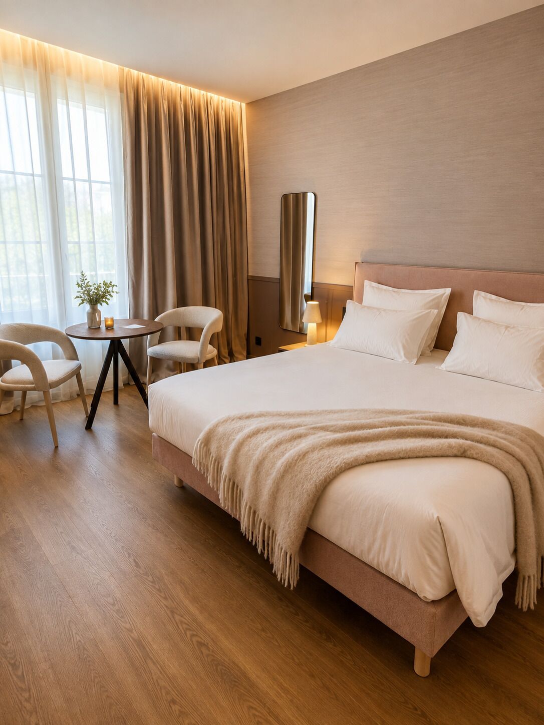 Een hotelkamer met een groot bed, een nachtkastje, een stoel, een kleine tafel met een plant en een spiegel aan de muur.