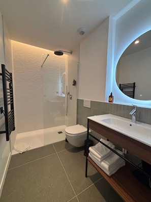 A modern bathroom with a glass-enclosed shower, a white toilet, a wooden vanity with a sink, and a large mirror. - Flore Hôtel & Jardin, The Originals Relais (Vichy)