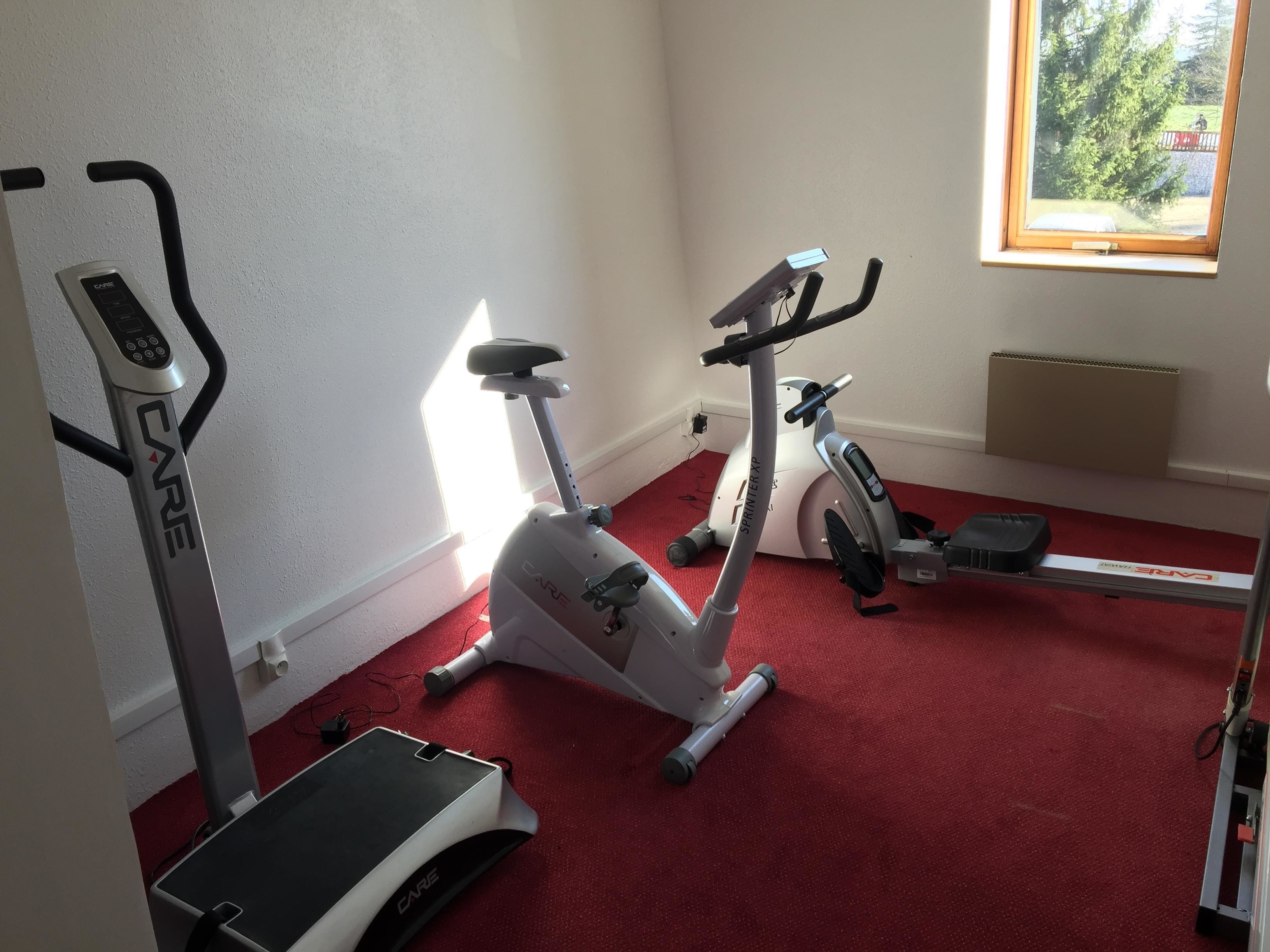 Een kamer met een rood tapijt, een hometrainer en een loopband.