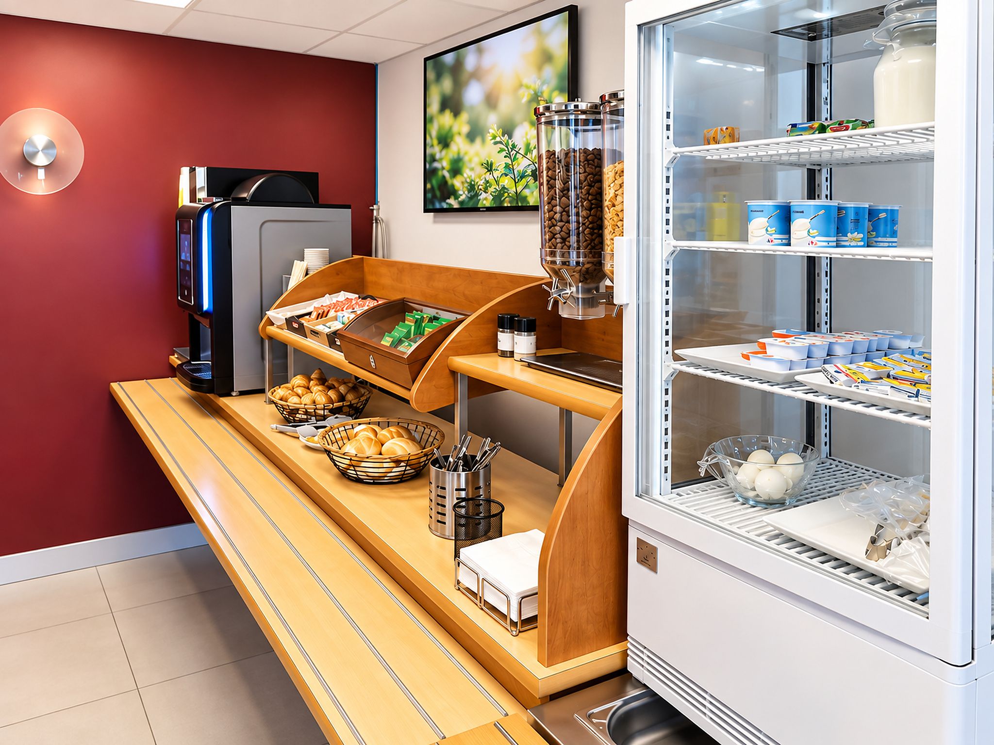 A breakfast bar with coffee machines, a coffee grinder, and a refrigerated display case with dairy products.