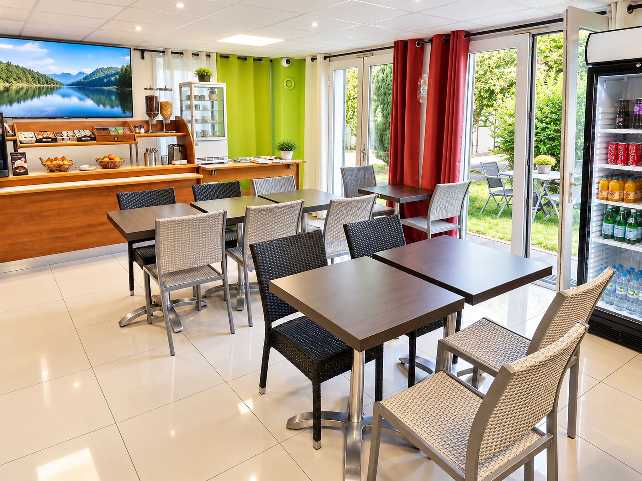 Un restaurante con vistas a un lago, mesas y sillas, una barra con productos alimenticios y un refrigerador con bebidas.
