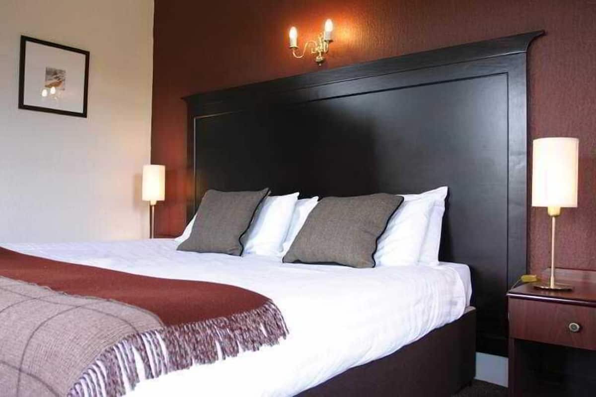 A neatly made bed with white linens and multiple pillows, a dark headboard, and two bedside lamps.