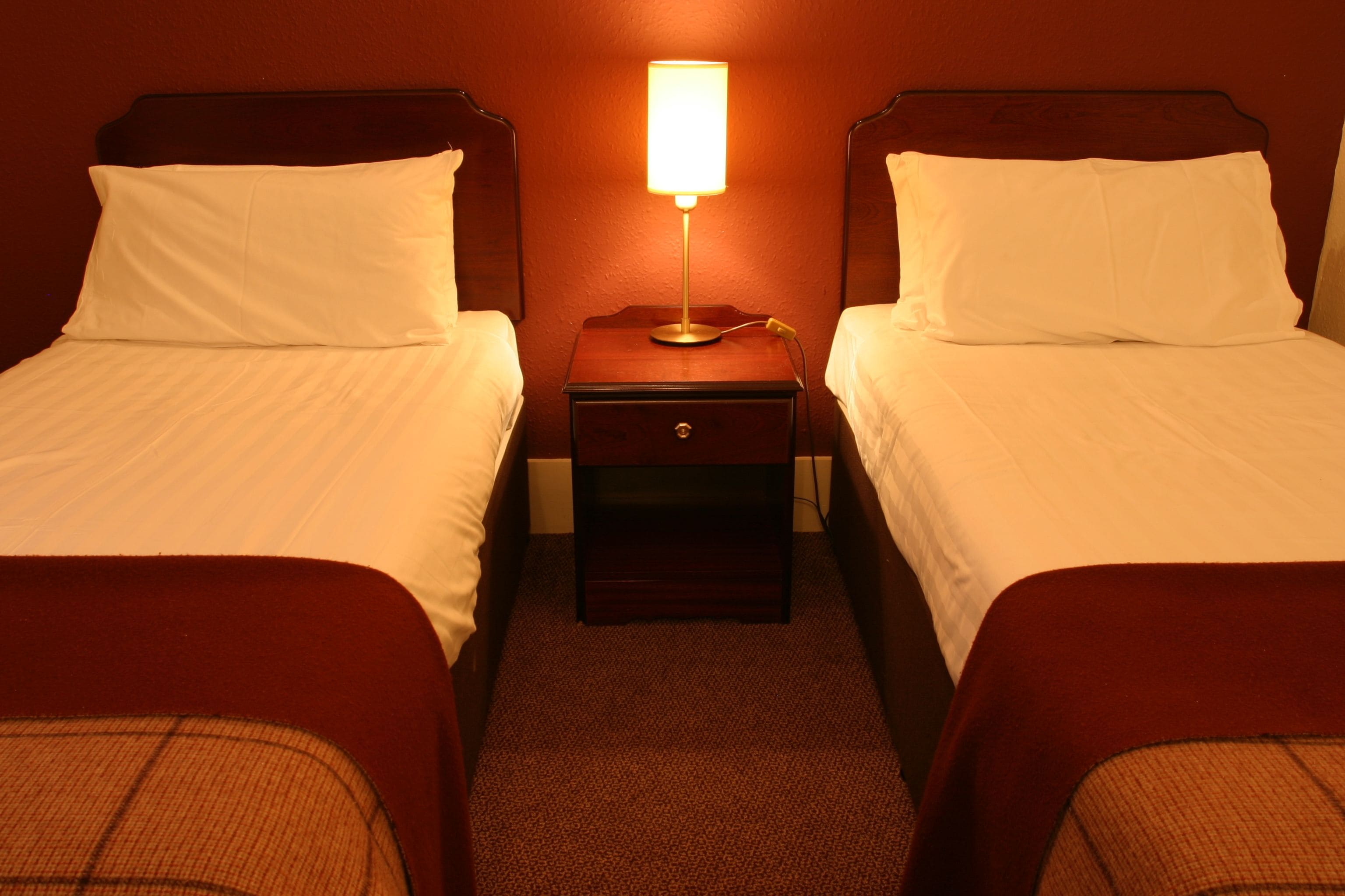 A hotel room with two single beds, a nightstand with a lamp, and a carpeted floor.