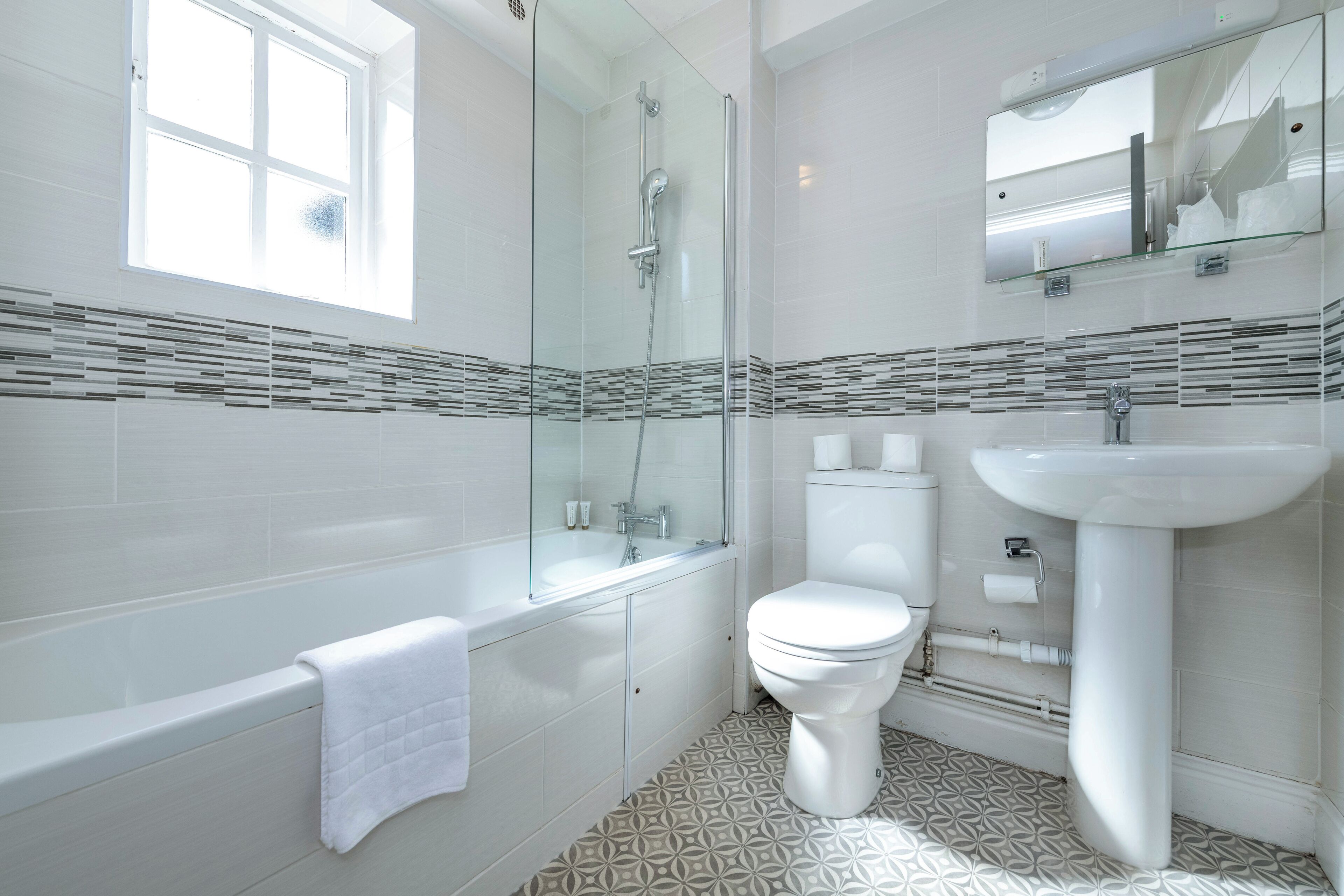 combined shower/bathtub, free toiletries, hair dryer, towels