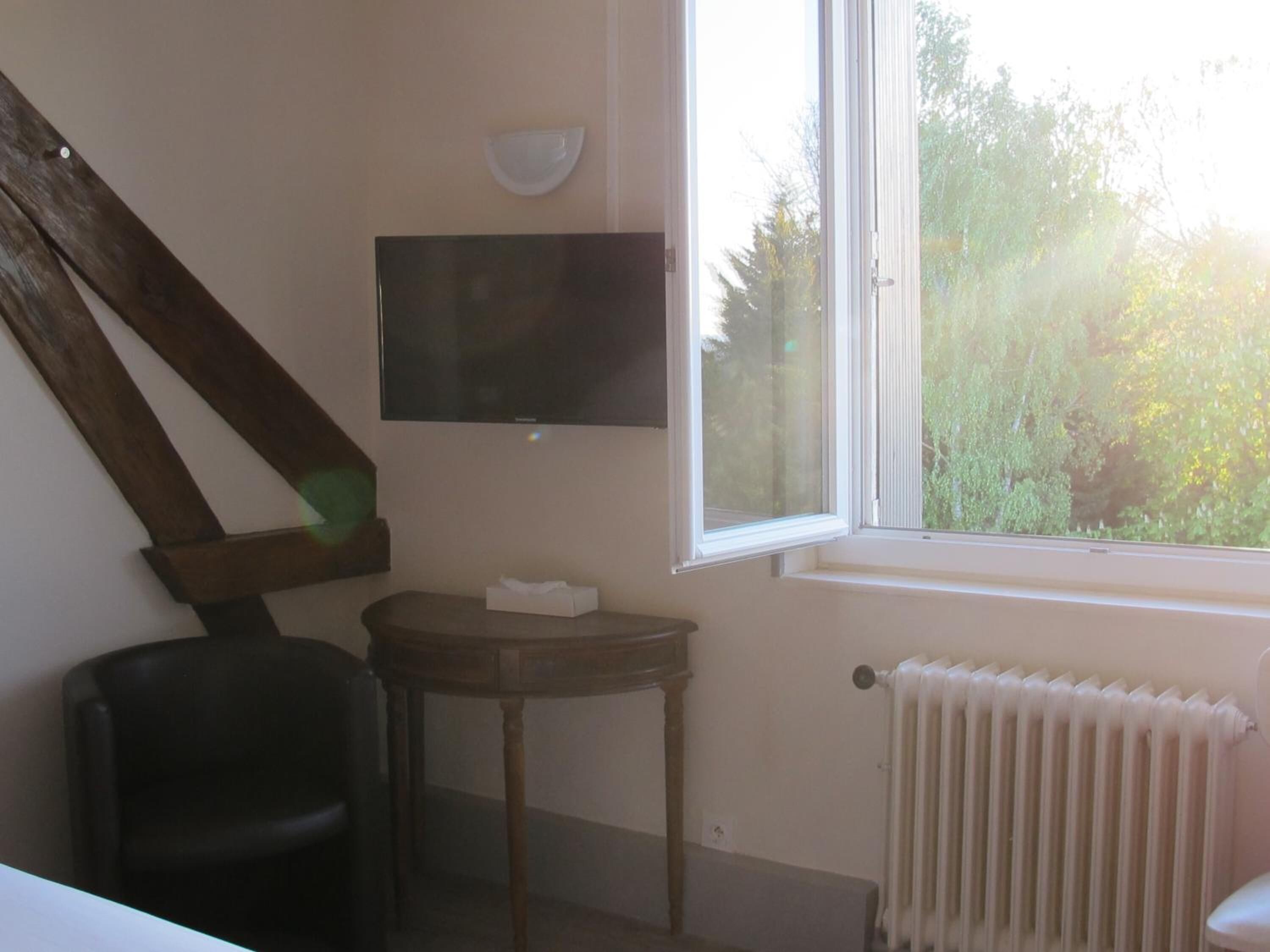 Quarto com cadeira de madeira, pequena mesa com caixa de lenços, TV fixada na parede, radiador e janela com vista para vegetação.