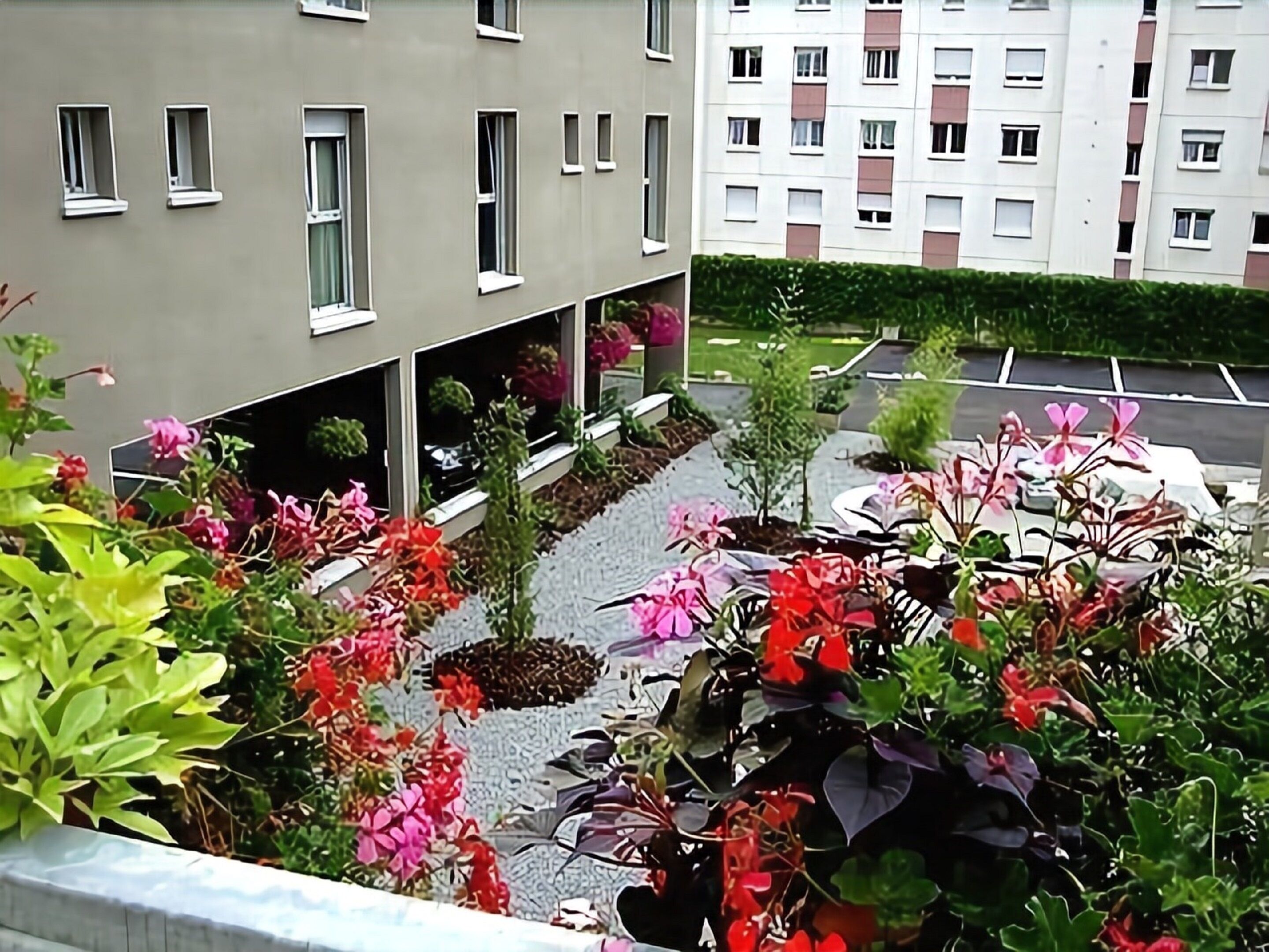Un edificio residencial con múltiples ventanas y balcones, rodeado de diversas macetas con plantas y flores.