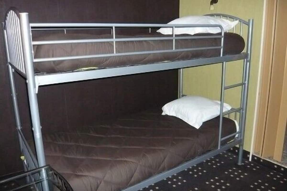 A bunk bed with a metal frame, a brown mattress, and a white pillow.