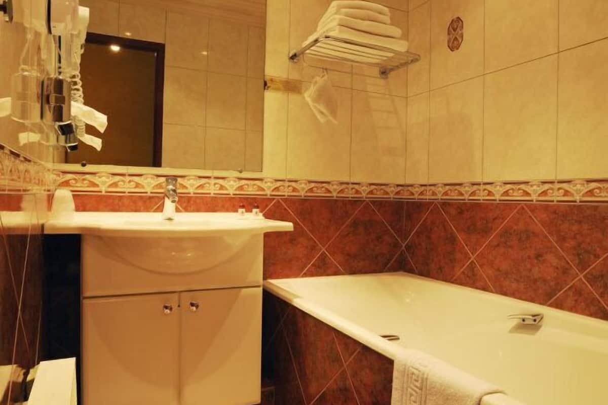 combined shower/bathtub, free toiletries, hair dryer, towels