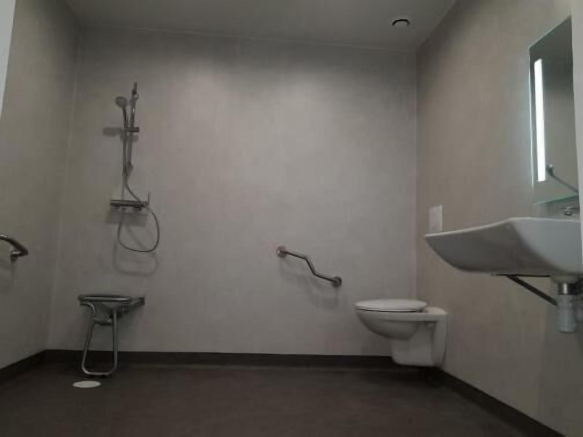 A small, modern bathroom with a toilet, sink, and shower.