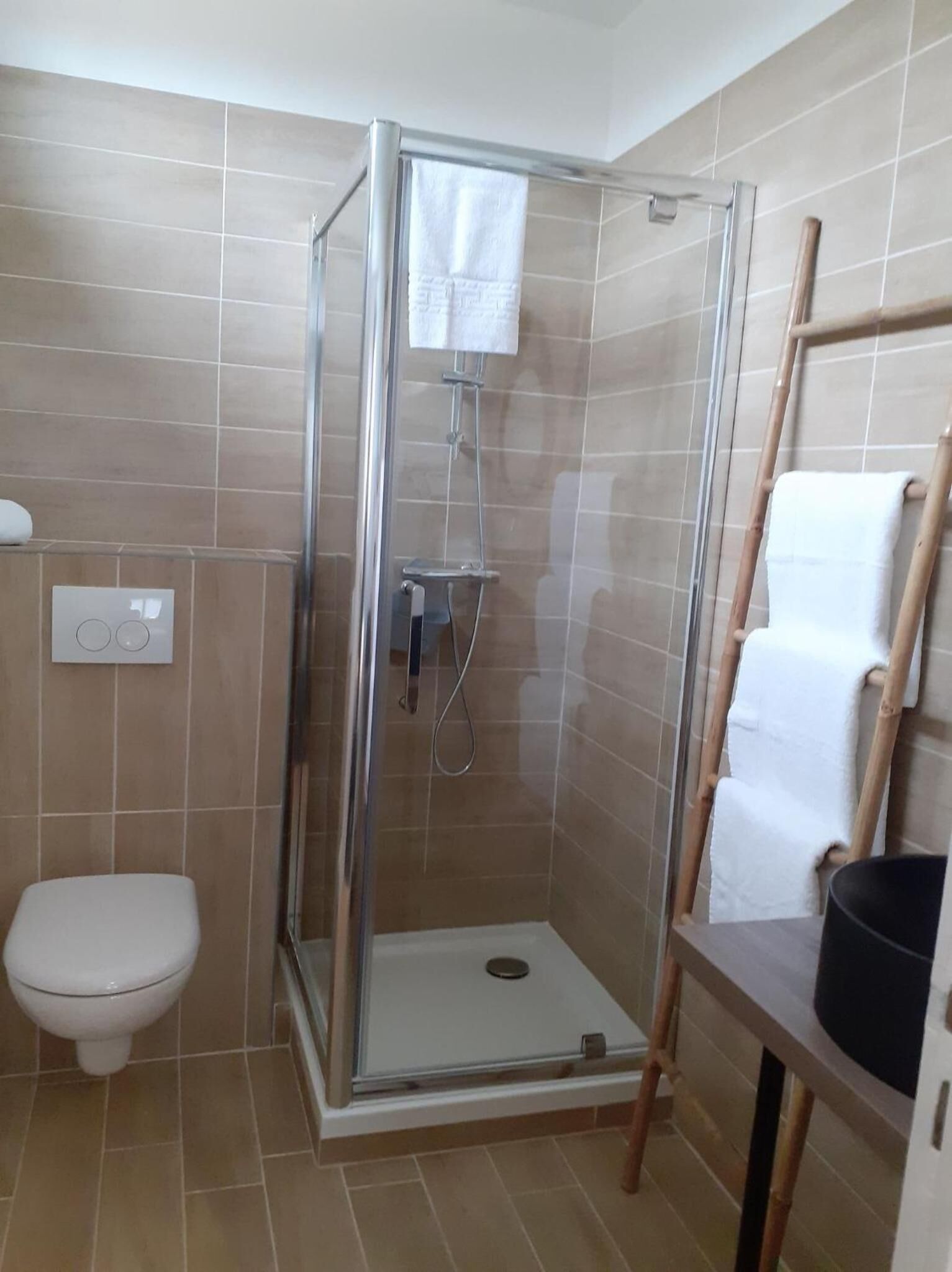 Un espacio de ducha con puerta de vidrio, un inodoro y un perchero con toalla.