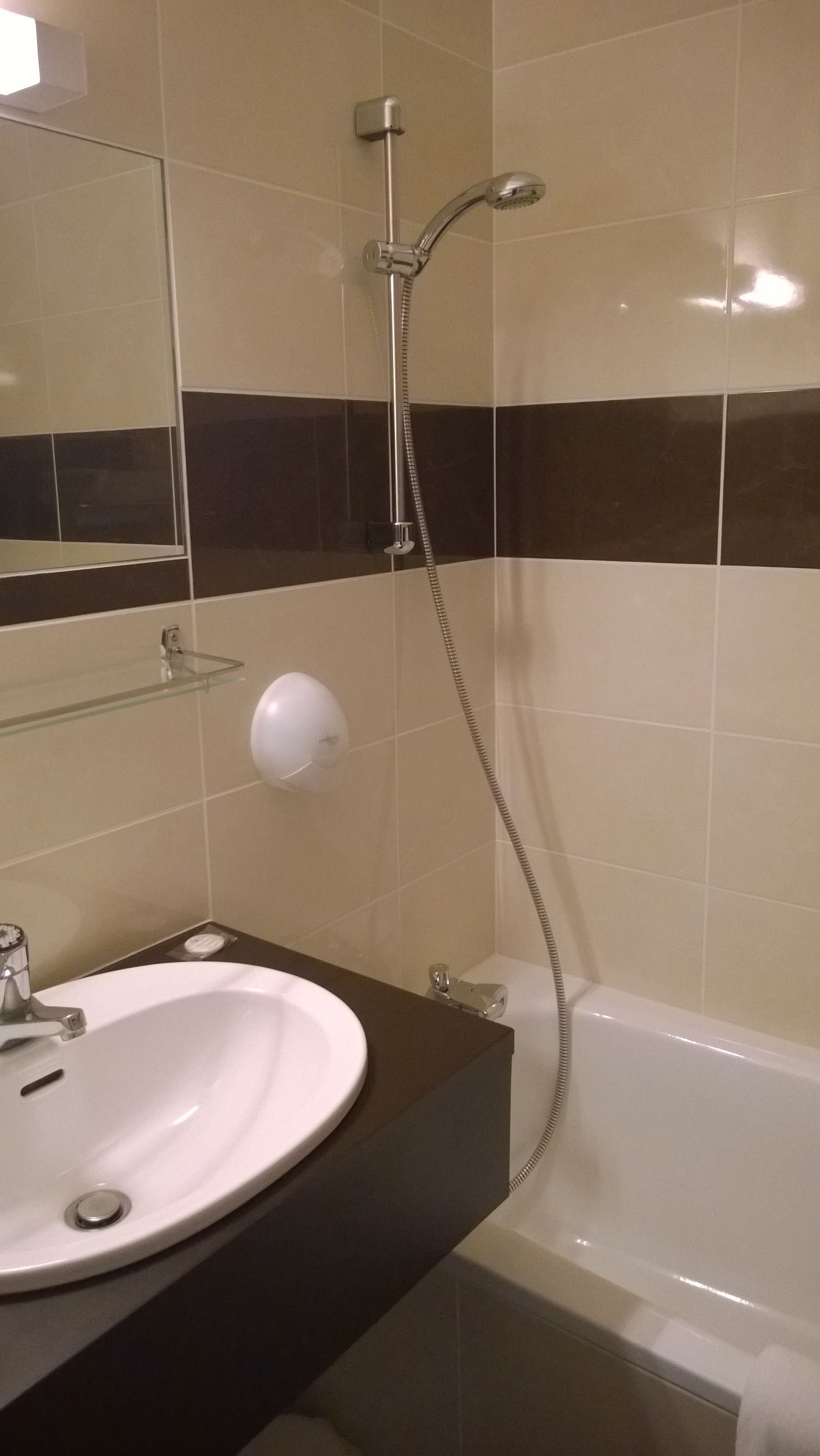combined shower/bathtub, free toiletries, towels